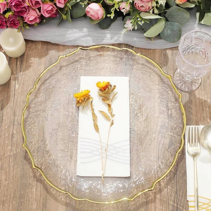 13" Clear Gold Sunflower Scallop Rimmed Glass Charger Plates (8pcs)