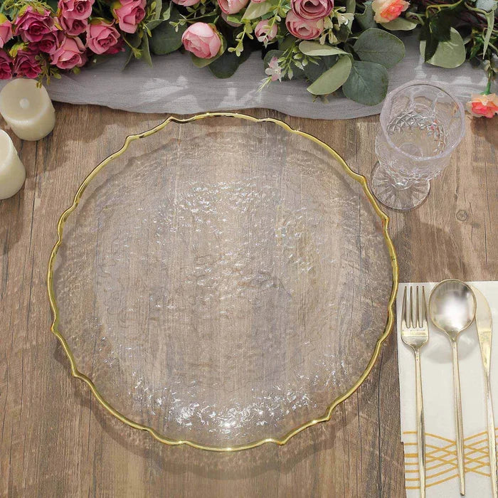 13" Clear Gold Sunflower Scallop Rimmed Glass Charger Plates (8pcs)