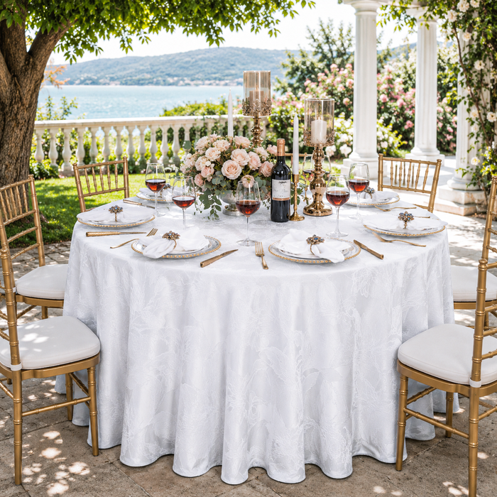 132" Round Floral Reef Jacquard Polyester Tablecloth - White (1pc)