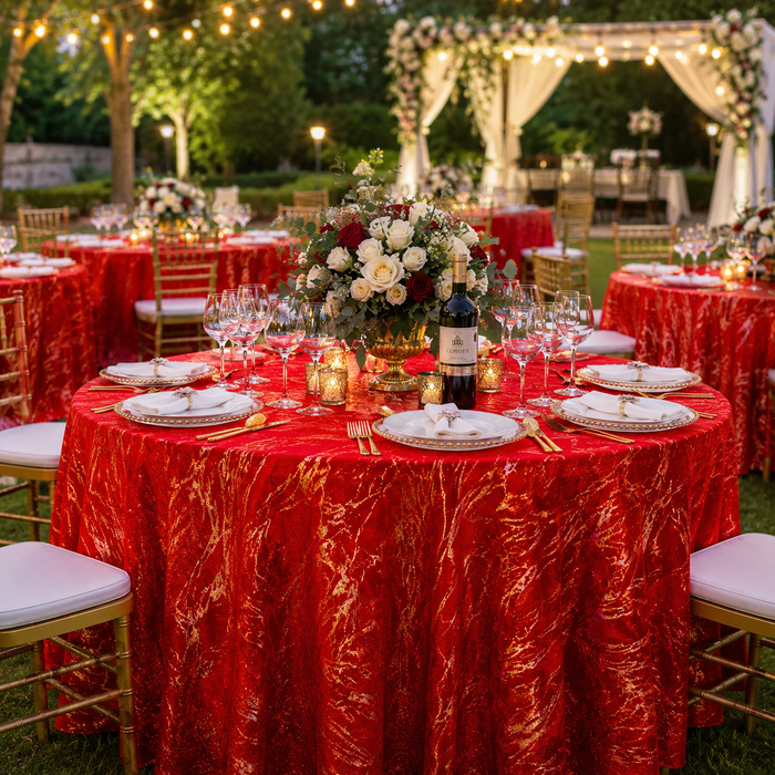 132" Round Gilded Marble Holland Velvet Tablecloth - Red (1pc)