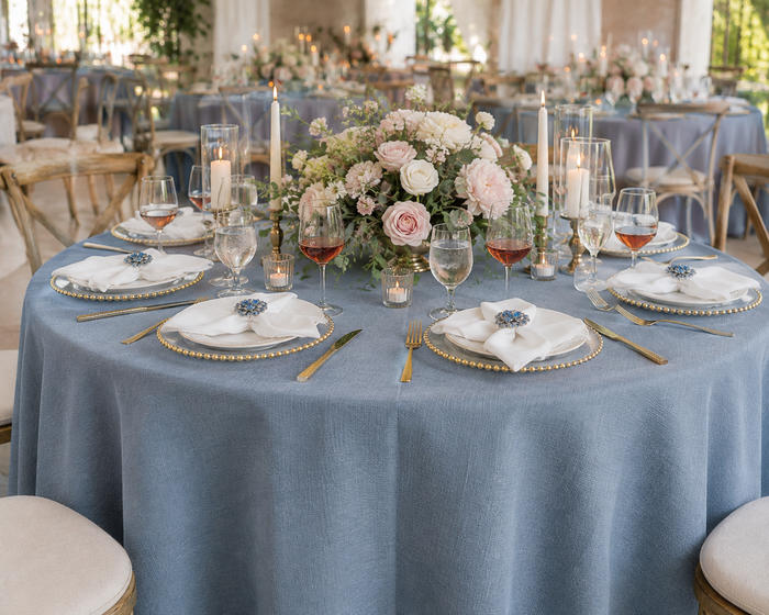 132" Round Rustic Panama Linen Tablecloth - Dusty Blue (1pc)