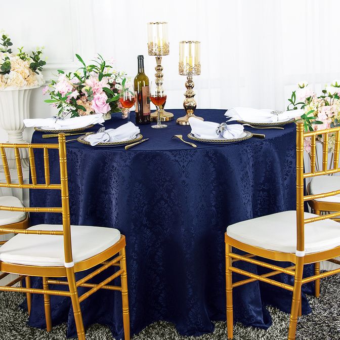 90" Seamless Round Marquis Damask Jacquard Polyester Tablecloth - Navy Blue (1pc)