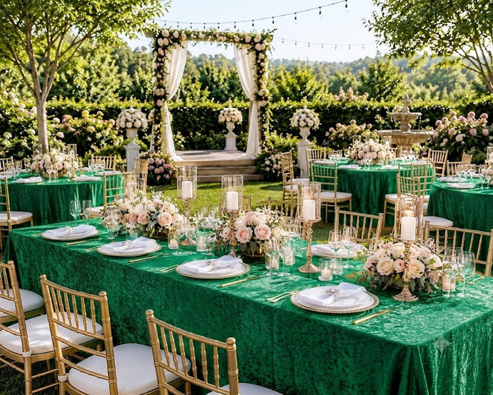 90"x132" Seamless Rectangular Ice Crushed Velvet (200 GSM) Tablecloth - Emerald Green (1pc)