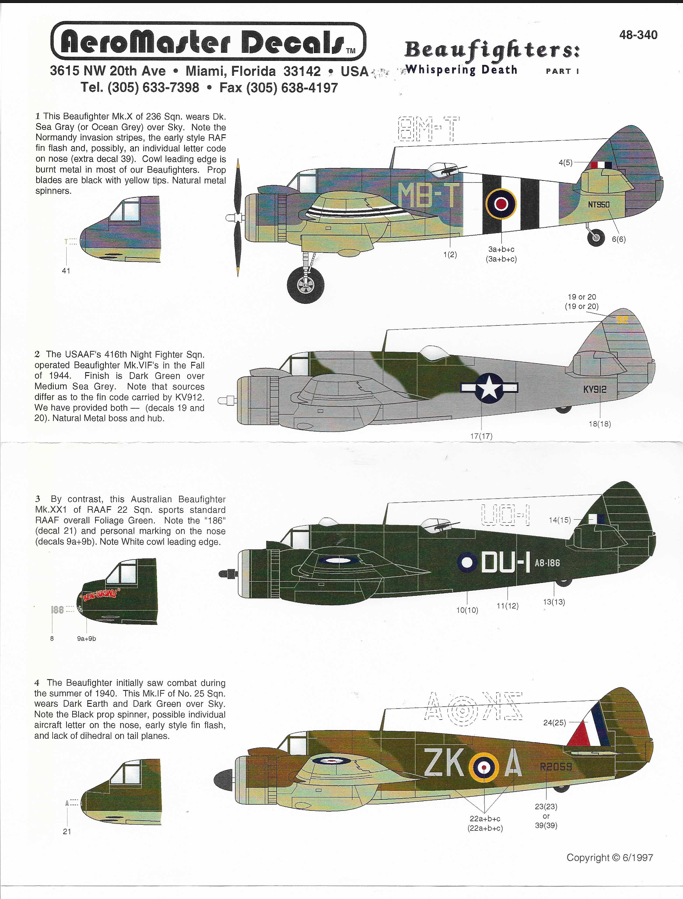 AeroMaster  BEAUFIGHTER DECALS 1/48 340 'Whispering Death Part I'