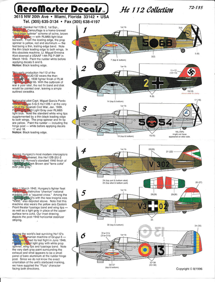 AeroMaster He-112 Collection Decals 1/72  135
