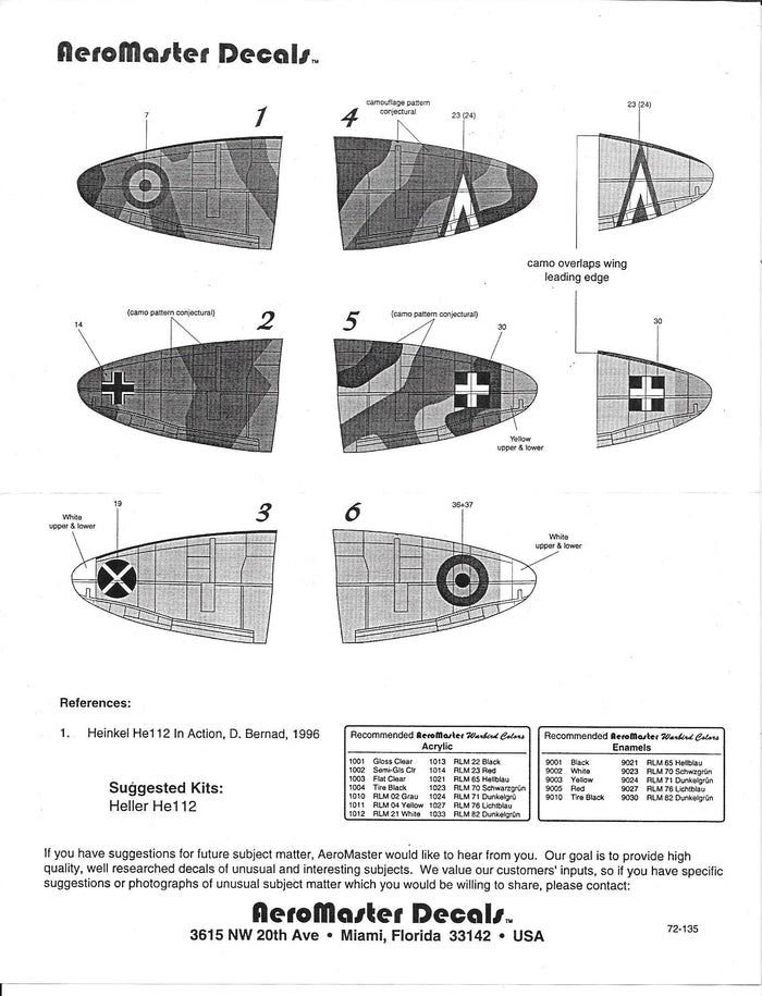 AeroMaster He-112 Collection Decals 1/72  135