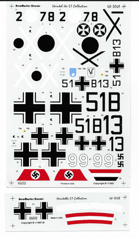 AeroMaster Heinkel He-51 Decals 1/48 306, 3 Option Markings
