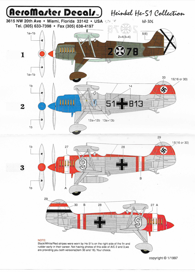 AeroMaster Heinkel He-51 Decals 1/48 306, 3 Option Markings