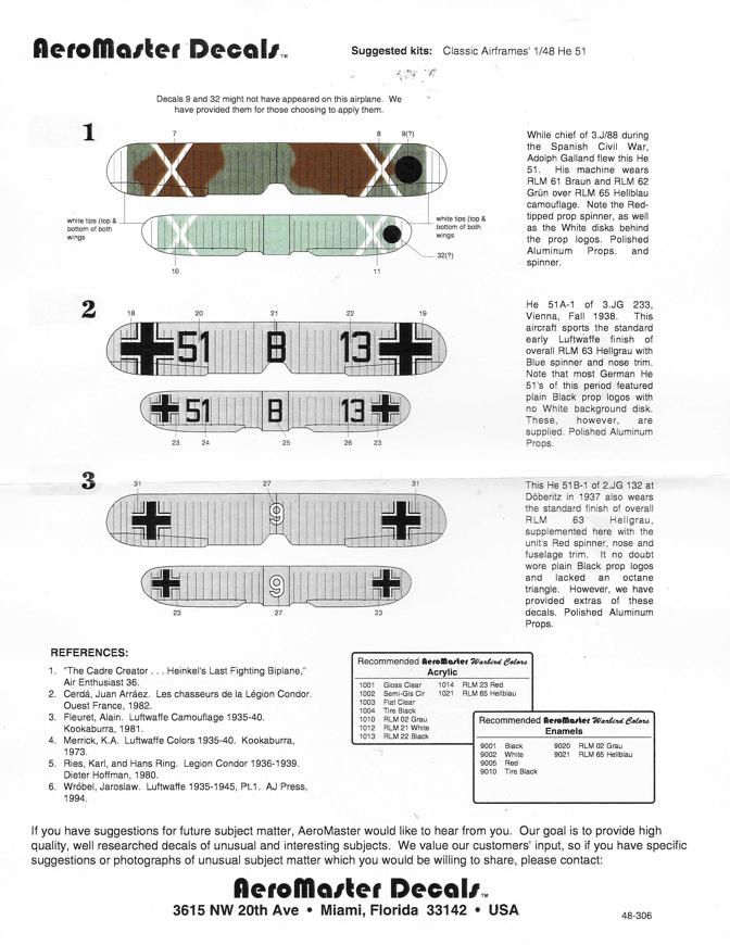 AeroMaster Heinkel He-51 Decals 1/48 306, 3 Option Markings
