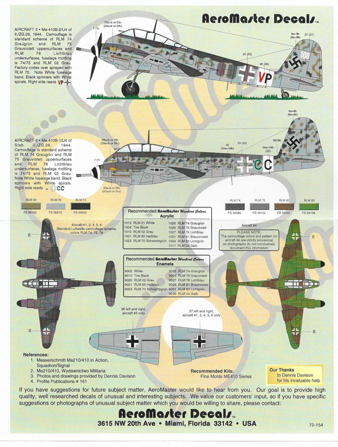 AeroMaster ME-410 Hornisse Zerstorer Collection, Decals in 1/72 154