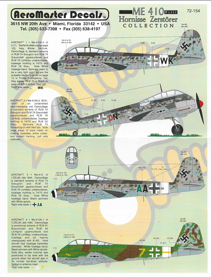 AeroMaster ME-410 Hornisse Zerstorer Collection, Decals in 1/72 154