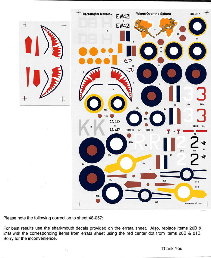 AeroMaster Wings Over the Sahara, P-40, Hurricane, Bf-109F , Bf-109G-2/Trop Decals 1/48 057