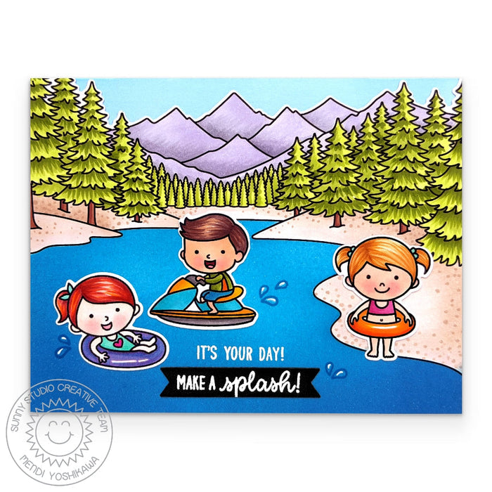 Sunny Studio Beach Babies Kids Playing in Lake Outdoor Scene DIY Birthday Card using Alpine Adventure 6x6 Clear Craft Stamps