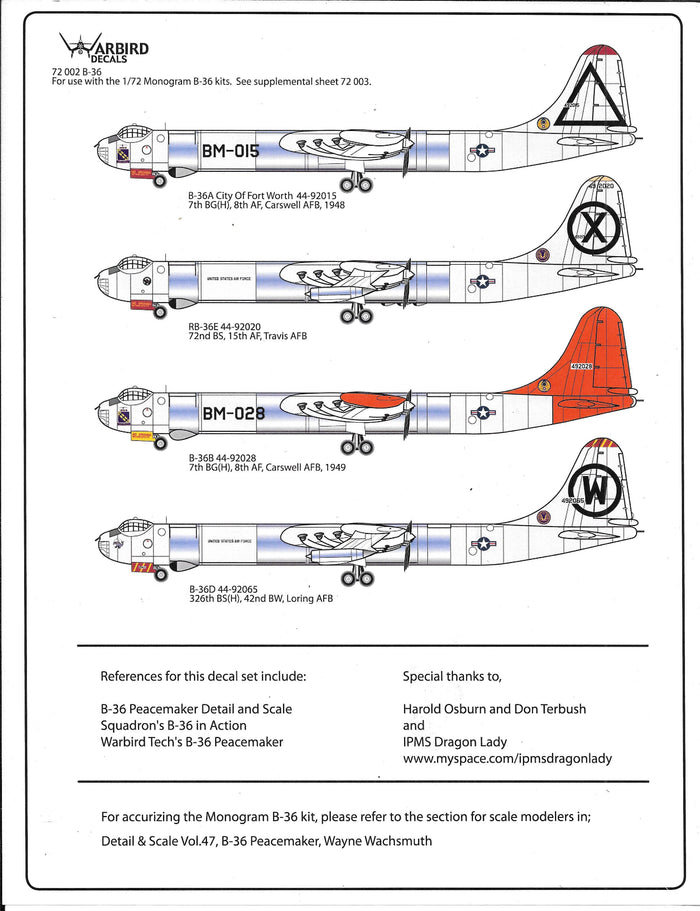 B-36A, RB-36E, B-36B, B-36D Peacemaker Decals 1/72 002
