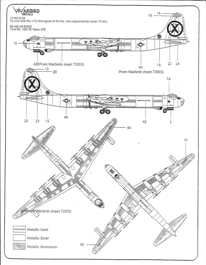 B-36A, RB-36E, B-36B, B-36D Peacemaker Decals 1/72 002