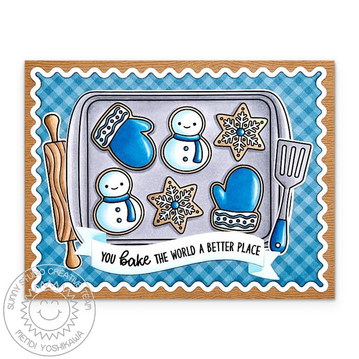 Sunny Studio You Bake The World Better Snowman & Mitten Cookies Winter Holiday Card using Baked With Love Clear Craft Stamps