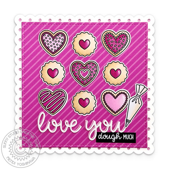 Sunny Studio I Love You Dough Much Punny Valentine's Day Heart Cookie Scalloped Card using Baked With Love Clear Craft Stamps