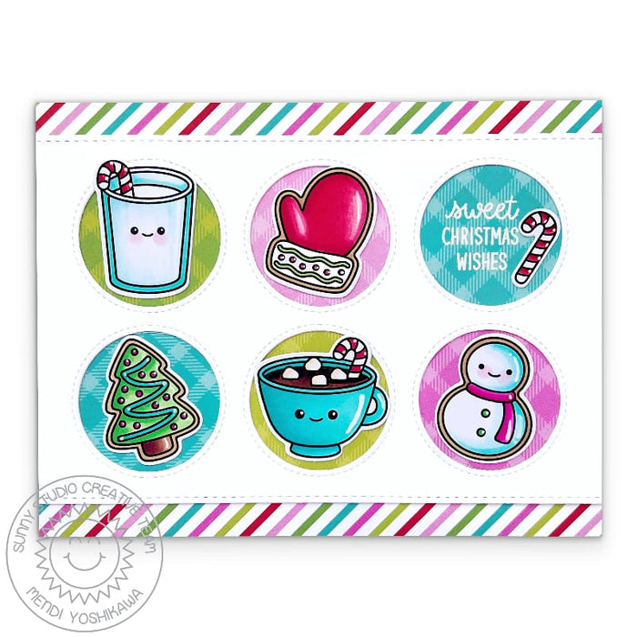Sunny Studio Holiday Hot Cocoa, Cookies & Milk Stitched Circle Window Grid Christmas Card using Baking Spirits Bright Stamps