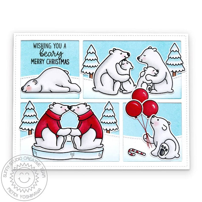 Sunny Studio Polar Bears Holding Balloons Red, White & Blue Winter Holiday Christmas Card using Bear Hugs Clear Craft Stamps