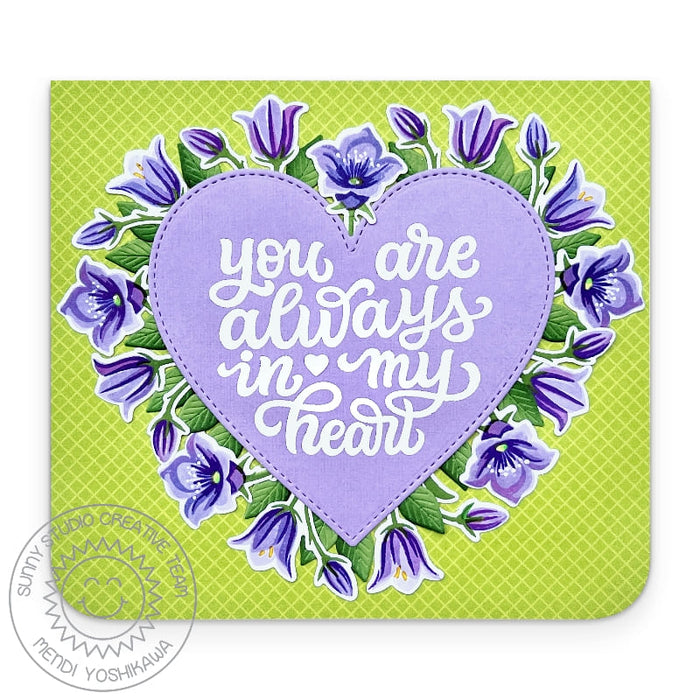 Sunny Studio You Are Always In My Heart Green & Lavender Floral Flower SCard using Beautiful Bluebells Clear Layering Stamps