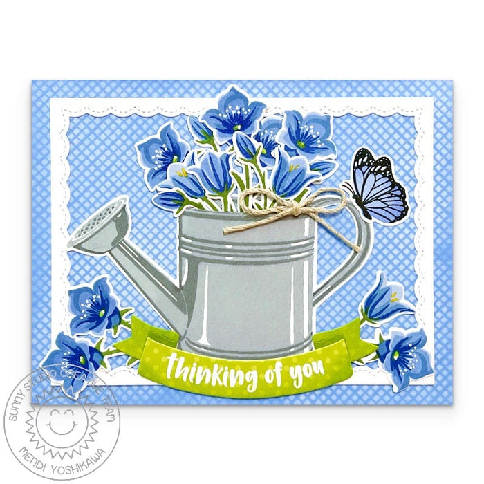Sunny Studio Blue Floral Flowers in Watering Can Thinking of You Card using Beautiful Bluebells Layering Clear Craft Stamps