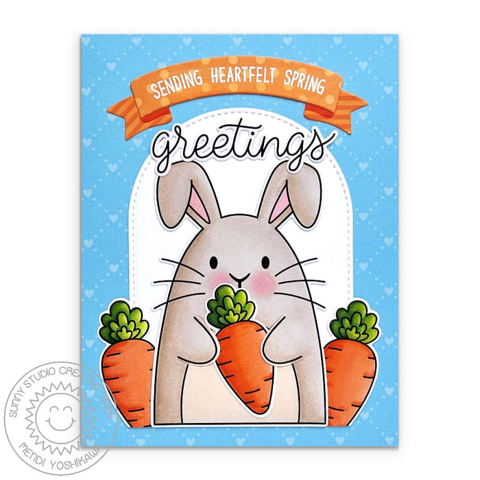 Sunny Studio Sending Heartfelt Spring Greetings Rabbit Holding Giant Carrot Easter Card using Big Bunny 4x6 Clear Stamps