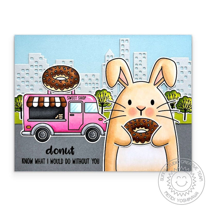 Sunny Studio Rabbit with Donut at Downtown City Doughnuts Food Truck Punny Summer Card using Big Bunny 4x6 Clear Craft Stamps