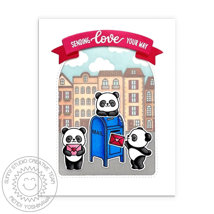 Sunny Studio Panda Sending Love Your Way Panda with Mailbox & Letter Valentine's Day Card using Bighearted Bears Clear Stamps