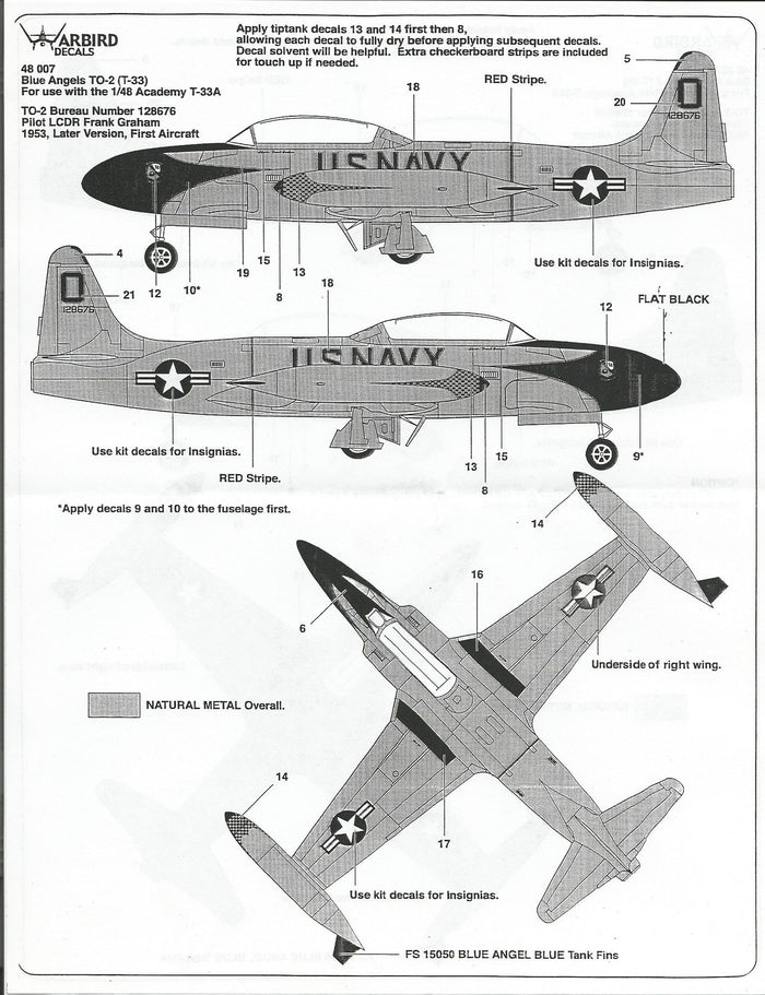 Blue Angels, Natural Metal T-33 Shooting Star Decals 1/48, 2 Options WBD 007