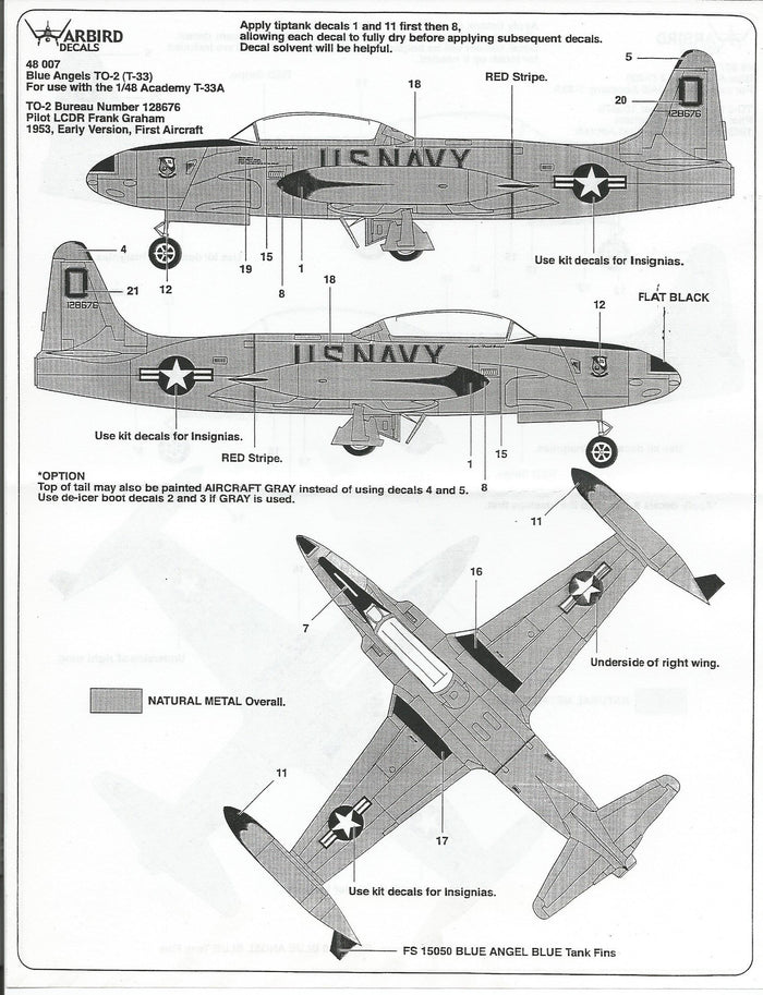 Blue Angels, Natural Metal T-33 Shooting Star Decals 1/48, 2 Options WBD 007