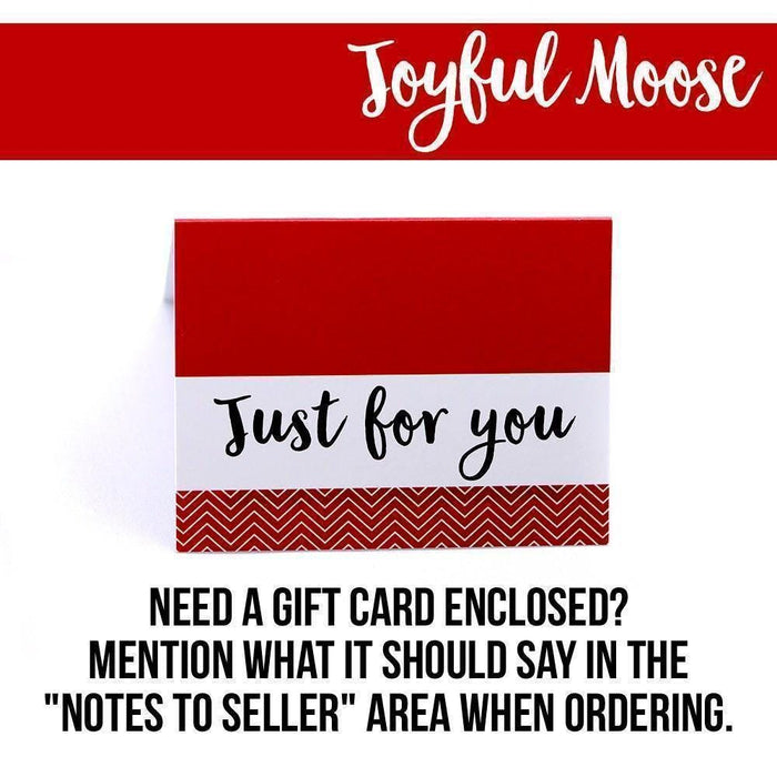 Red and white gift card insert with 'Just for you' and Joyful Moose branding