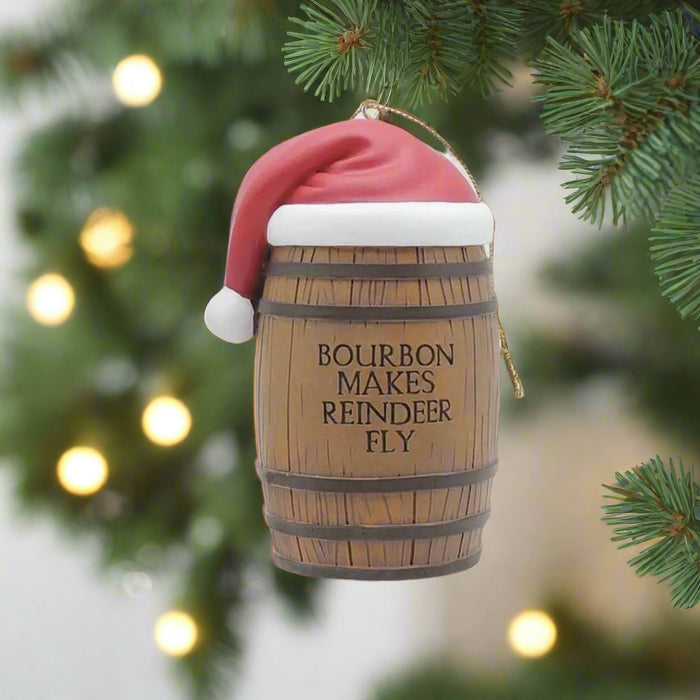 Bourbon Makes Reindeer Fly Resin Barrel Ornament - The Whiskey Cave