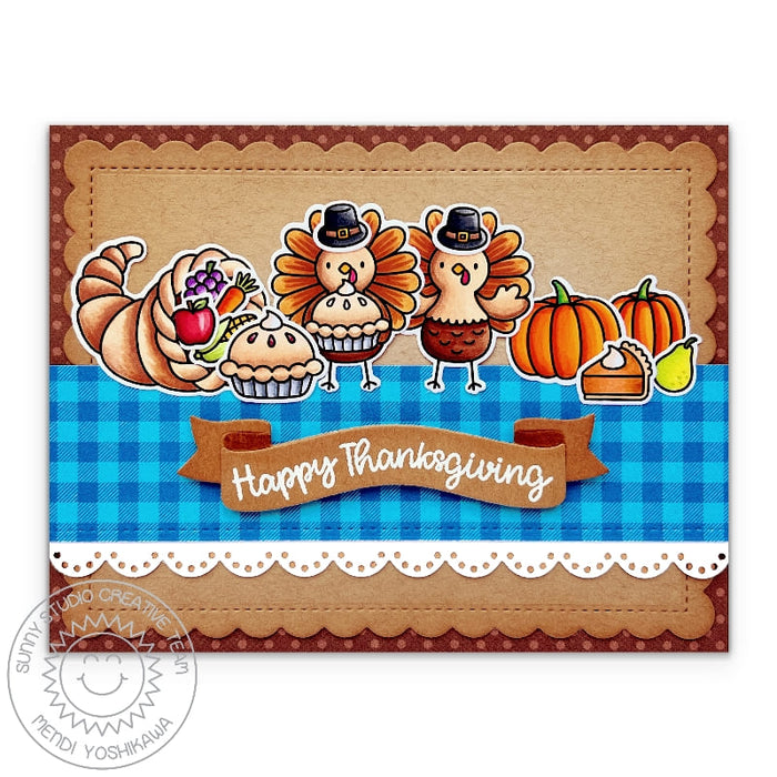Sunny Studio Stamps Happy Thanksgiving Feast with Cornucopia & Pumpkin Pie Fall Card using Brilliant Banner 1 Cutting Dies