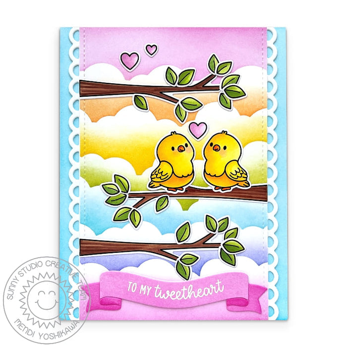 Sunny Studio Tweetheart Birds on Tree Branch with Rainbow Clouds Valentine's Day Card using Brilliant Banner 1 Cutting Dies
