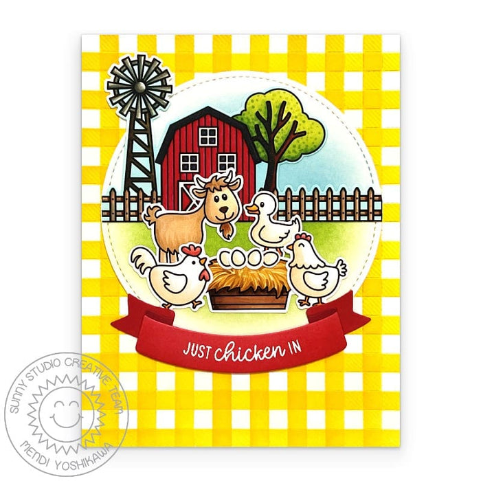 Sunny Studio Stamps Yellow Plaid Just Chicken in Punny Farm Animal Fall Card using Brilliant Banner 2 Metal Cutting Craft Die