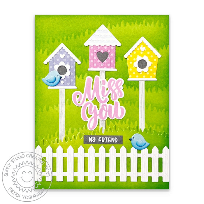 Sunny Studio Stamps Miss You My Friend Birds with Bird House, Grass & Fence (using Build-A-Birdhouse Metal Cutting Dies)