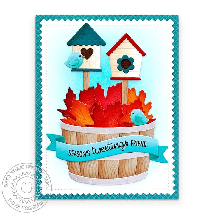 Sunny Studio Stamps Fall Leaves & Birds in Wood Barrel Handmade Autumn Card using Build-a-Birdhouse Metal Cutting Craft Dies