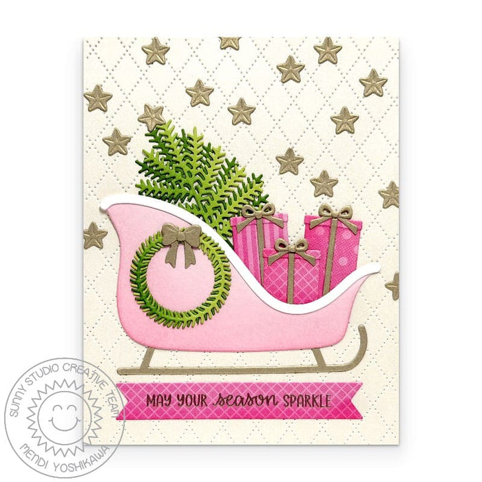 Sunny Studio Pink & Gold Gifts in Sleigh Holiday Christmas Card using Build-a-Greeting Holidays Clear Sentiment Craft Stamps