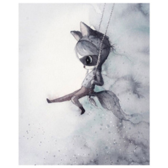 Bunny in the Swing Watercolor Poster - Cozy Nursery