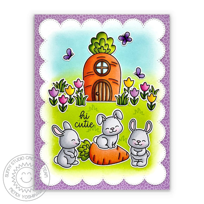 Sunny Studio Bunny Rabbits with Carrot House Scalloped Easter Card (using Bunnyville 4x6 Clear Stamps)