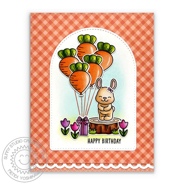 Sunny Studio Bunny Rabbit with Carrot Balloons Gingham Birthday Card (using Bunnyville 4x6 Clear Stamps)