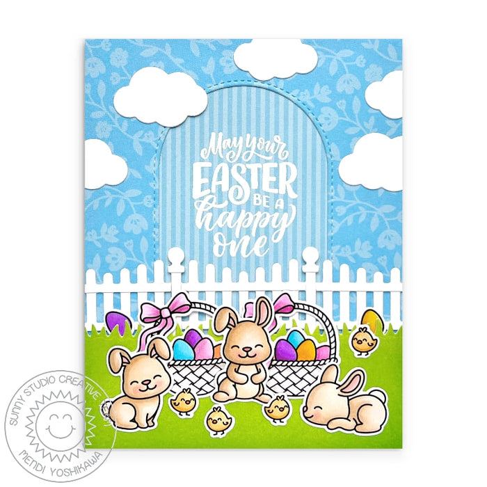 Sunny Studio Bunny Rabbit Bunnies, Eggs in Basket & Chicks Spring Easter Card (using Bunnyville 4x6 Clear Stamps)