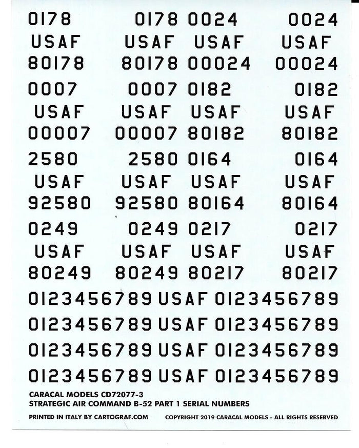 Caracal Models B-52 G/H Stratofortress Decals 1/72 077, 8 Marking Options