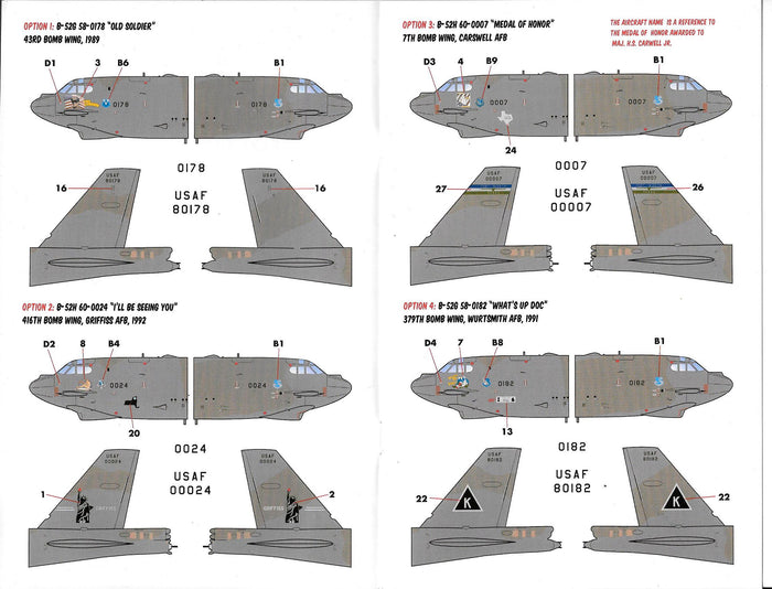 Caracal Models B-52 G/H Stratofortress Decals 1/72 077, 8 Marking Options
