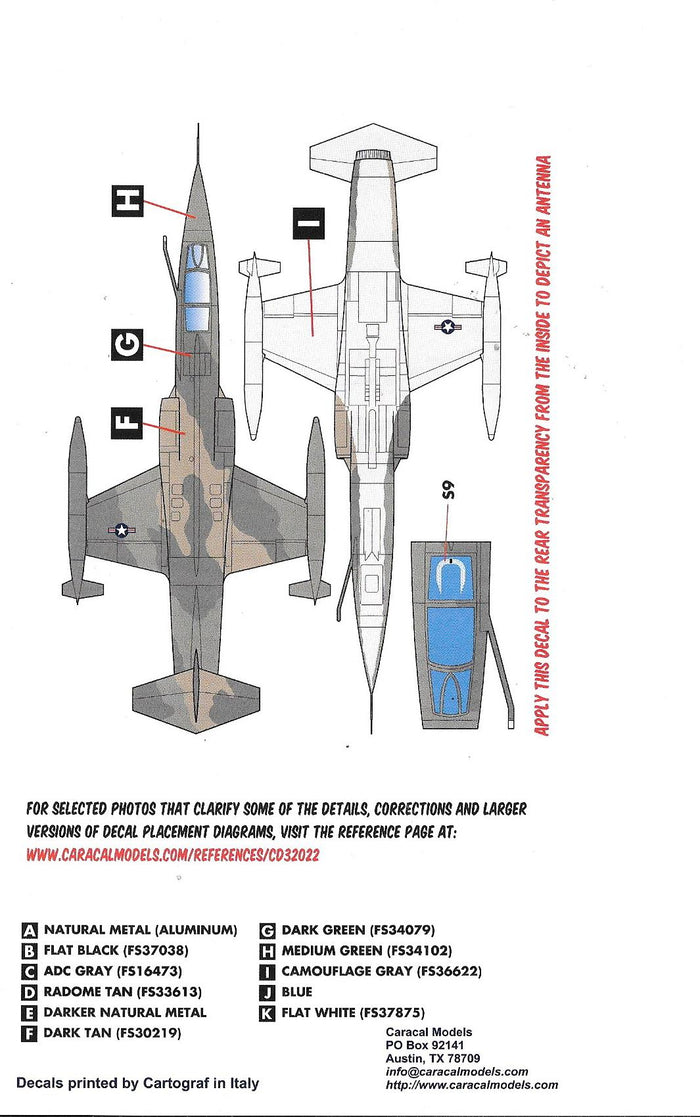 Caracal Models, F-104C Starfighter, In Vietnam, w/ Nose-art, Decals 1/32 022 DO