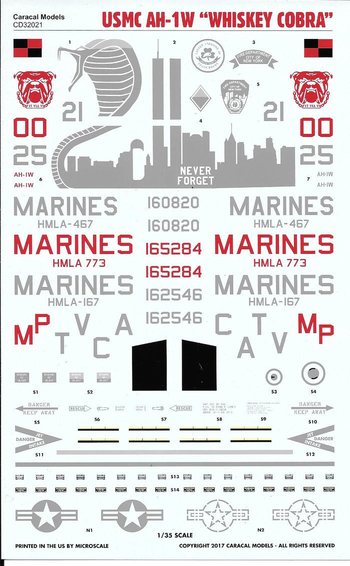 Caracal Models, USMC AH-1W 'Whiskey Cobra'/ 9-11 Never Forget Decals 1/35 32 021 DO