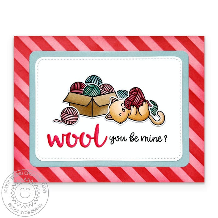 Sunny Studio Wool You Be Mine? Cat with Balls of Yarn Punny Valentine's Day Card using Cat Antics 4x6 Clear Craft Stamps