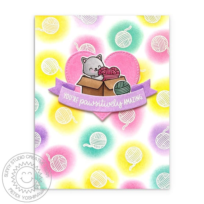 Sunny Studio You're Pawsitively Amazing Punny Kitty Cat with Pastel Balls of Yarn Card using Cat Antics Clear Craft Stamps