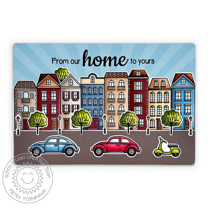 Sunny Studio From Our Home To Yours Colorful European Neighborhood Street Card (using Charming City 4x6 Clear Stamps)