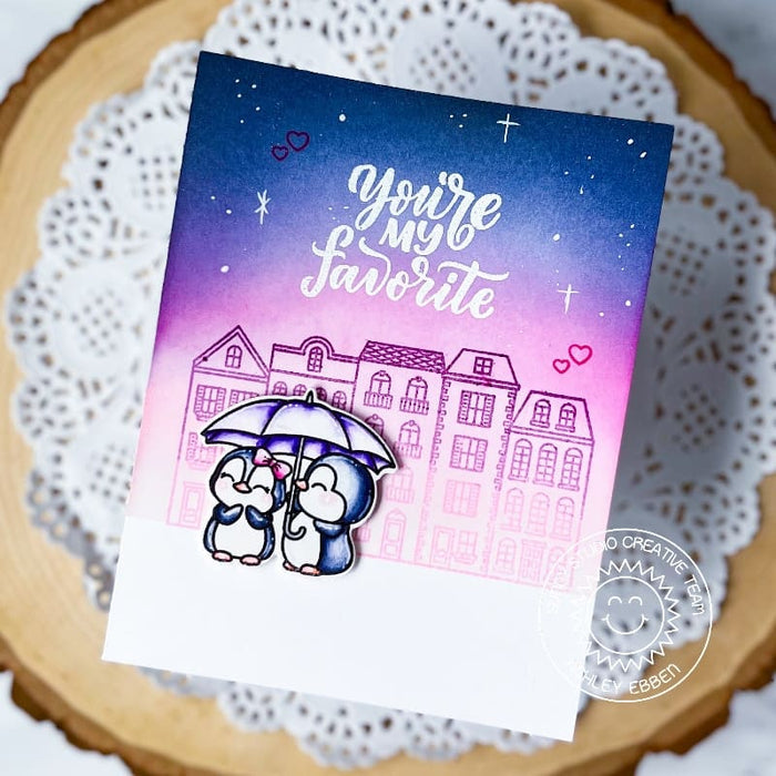 Sunny Studio You're My Favorite Pink & Purple Penguins with Umbrella Card (using Charming City 4x6 Clear Stamps)
